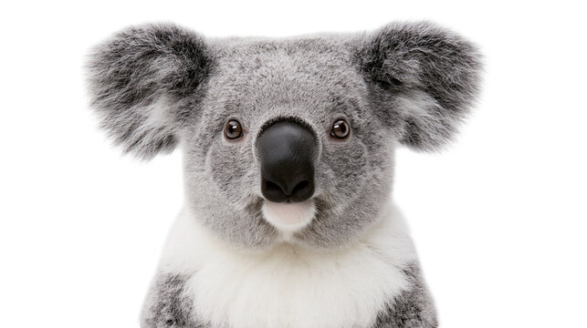 Isolated koala cub peeking curiously over an imaginary barrier, looking directly at viewer.