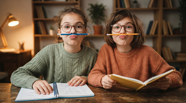 Two young girls holding pencils under noses making funny faces while studying
