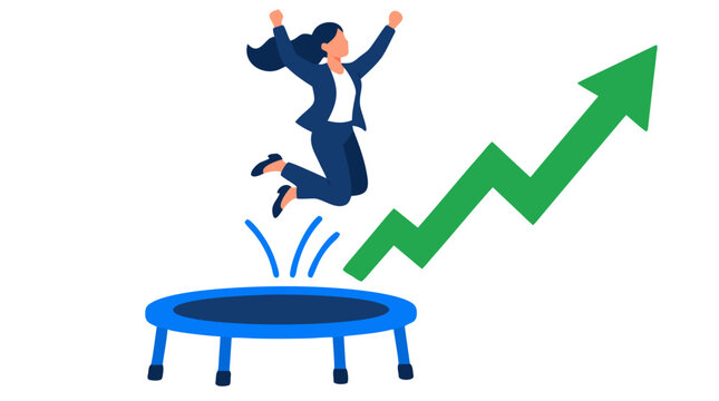 Energetic businesswoman in dark suit leaping high from blue trampoline beside ascending green zigzag arrow on white backdrop, corporate financial rebound concept in flat vector illustration