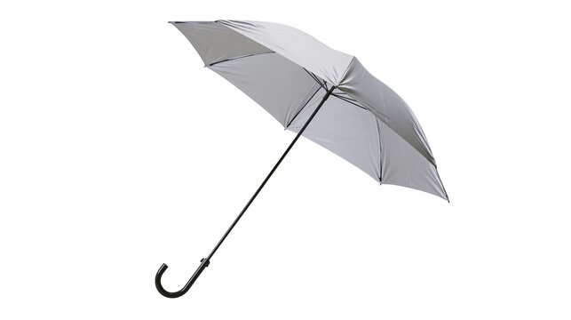 Isolated stylish open grey umbrella with black handle providing elegant rain protection.