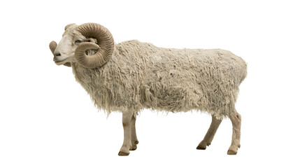 Isolated ram standing, a majestic horned male sheep with shaggy wool, full body portrait © Andrei