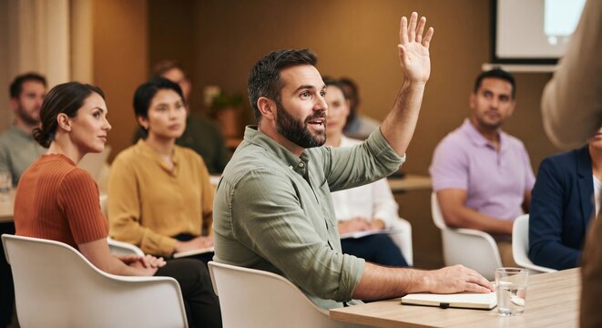 Bearded man raising hand to ask question in workshop seminar