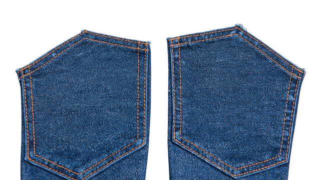 Isolated pair of blue denim jeans back pockets with orange stitching, classic clothing detail.