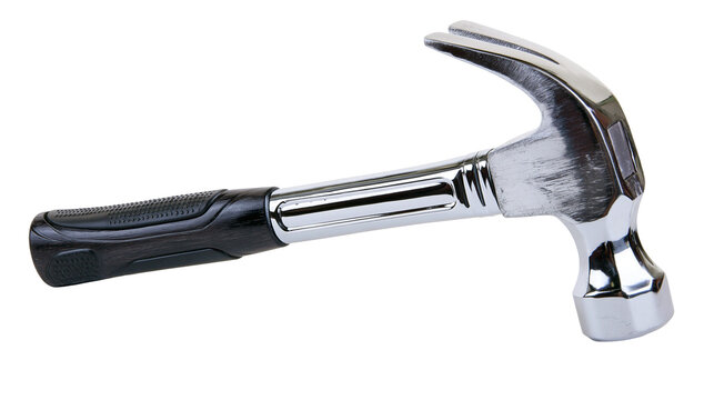 Isolated chrome claw hammer with black rubber handle for construction and DIY projects