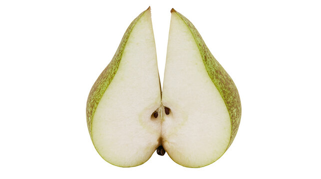 Isolated fresh green and brown pear cut in half, showcasing juicy texture and seeds