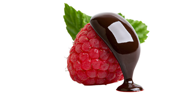 Isolated raspberry fruit with green leaf, covered in delicious dripping chocolate sauce