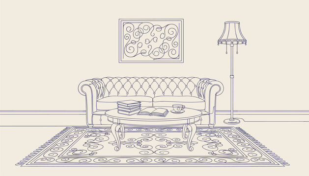 Line art illustration of a cozy living room interior with a tufted sofa, coffee table, rug, and floor lamp.