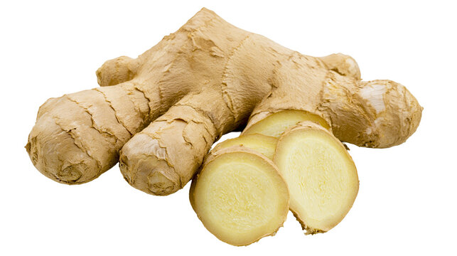 Isolated ginger root and fresh cut slices showcasing aromatic spice and healthy cooking ingredient