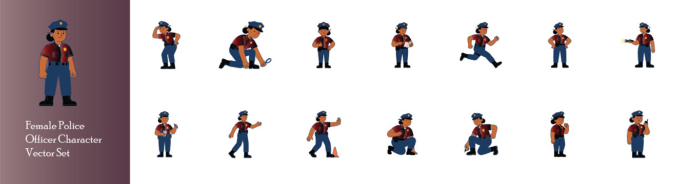 Male tactical officer character pose set, uniformed action cartoon vector illustration