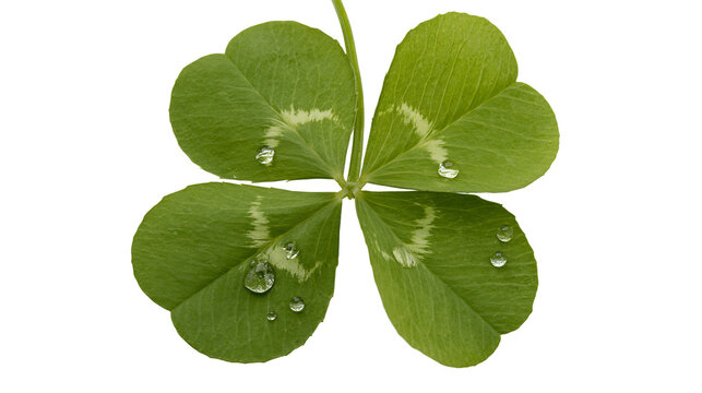 Isolated vibrant green four-leaf clover with refreshing dewdrops symbolizing luck and nature