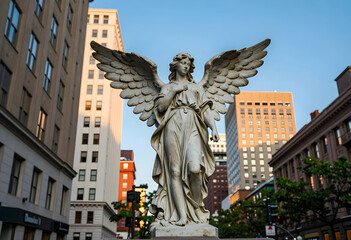 Obraz premium Spirituality and urban peace, stone angel statue with wings spread standing in the center of a modern city street during golden hour sunset light