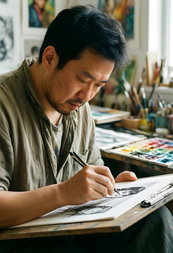 Creative process and artistic inspiration, focused asian male artist drawing a portrait with ink pen in a bright professional art studio workshop
