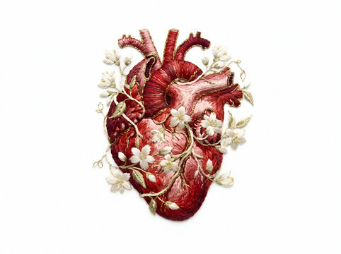 Anatomical heart with flowering vines and blossoms on white background