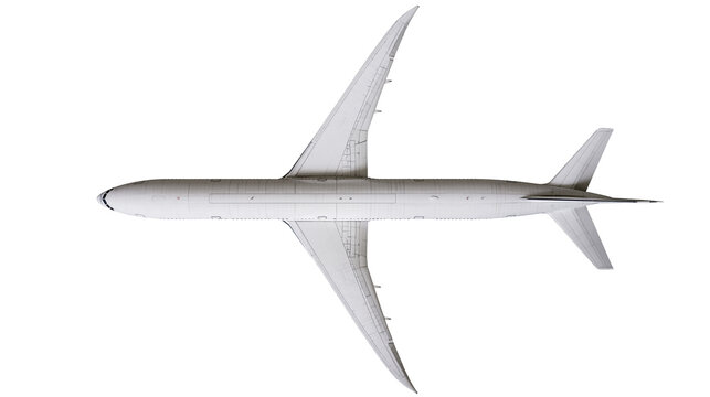 Isolated modern passenger airplane with long sleek wings, top view perspective for travel concept