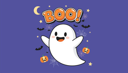 Obraz premium A cute Halloween illustration featuring a friendly white ghost, cute little pumpkins, bats, spider webs, and a cheerful BOO sign.