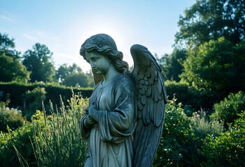 Obraz premium Grief and mourning concept, stone angel statue in a peaceful garden setting with soft sunlight for funeral services and memorial remembrance themes
