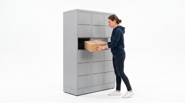 A woman placing a parcel into a grey locker unit with multiple compartments. The woman is wearing a dark blue hoodie and dark pants.