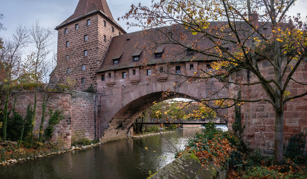 Panoramic view of the  old town architecture  in Nuremberg with river Pegnitz and Kettensteg, Bavaria, Germany.