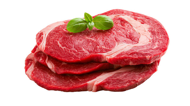 Isolated raw beef ribeye steaks with fresh basil leaves, ready for grilling or cooking.