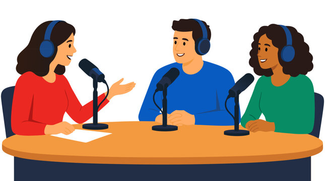Smiling female radio host in red top interviewing two diverse guests wearing headphones at round wooden studio desk with microphones vector illustration showing podcast talk on white
