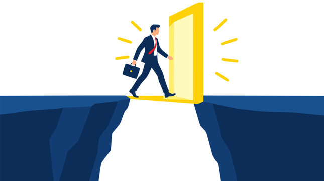 Businessman carrying briefcase stepping through glowing yellow doorway bridging deep chasm between two cliffs, shortcut to success concept flat vector illustration on white background