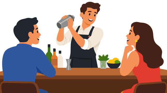 Smiling bartender in dark apron shaking metal cocktail shaker behind wooden counter for couple enjoying drinks in lounge, hospitality service flat vector illustration on white background