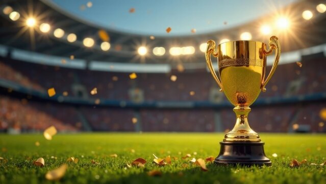 Horizontal sports banner, gold trophy, stadium, confetti. Features ample copy space and free area for your text, perfect for social media covers, website headers, or victory ads