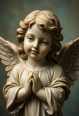 Obraz premium Spirituality and faith concept cherub angel statue with praying hands for religious peace hope and divine protection in a classic marble sculpture