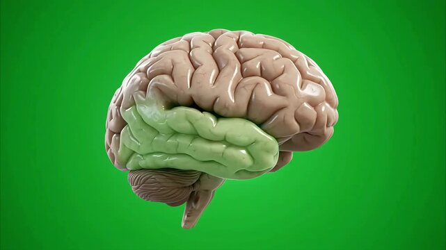 Human brain anatomy rotating on green screen showing different cerebral lobes and regions