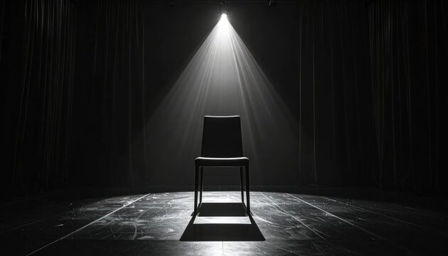 Lonely chair under bright spotlight in dark theater room.