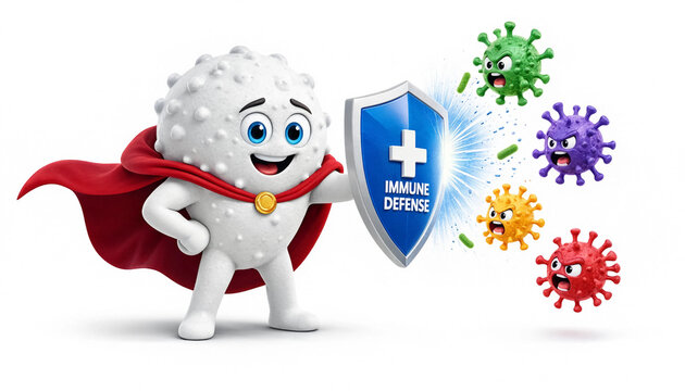 Cute cartoon superhero white blood cell character holding shield for immune system defense concept