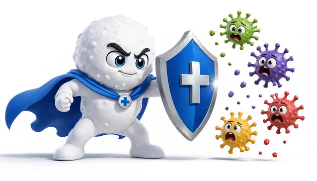 Cute cartoon superhero white blood cell character with shield fighting viruses for immune system defense concept