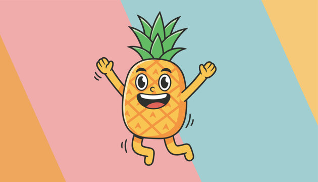 Joyful happy pineapple cartoon character jumping with raised arms, smiling face, green leaves, and colorful geometric background shapes.