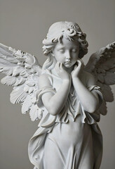 Obraz premium Grief and mourning concept, marble angel statue with hands on face in prayer, religious sculpture for funeral service and memorial remembrance