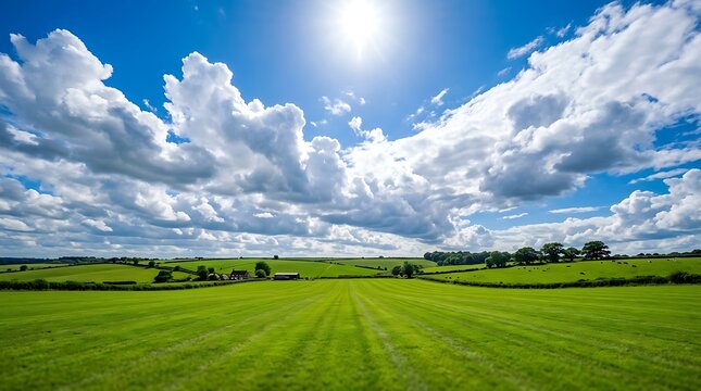 Vibrant green rolling fields under a bright blue sky with fluffy white clouds on a sunny day