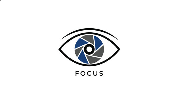 Modern eye logo design with a photographic camera shutter iris and the word focus underneath for optics and photography branding.