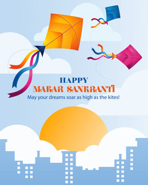 Happy Makar Sankranti banner with bright flying kites above a soft sky and urban scene. Perfect for Indian event ads, greeting cards, templates and presentations.