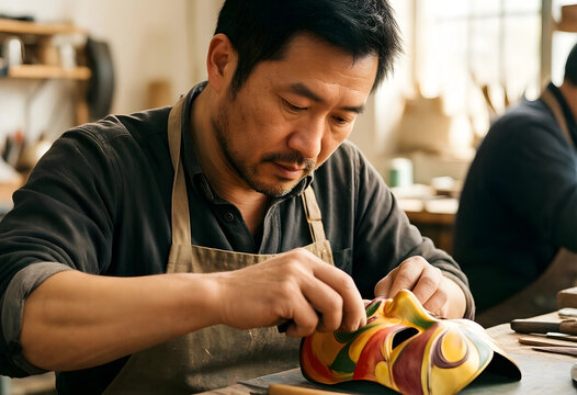 Craftsmanship and traditional artistry, skilled artisan carving a handmade venetian mask in a workshop with focus and precision for cultural heritage