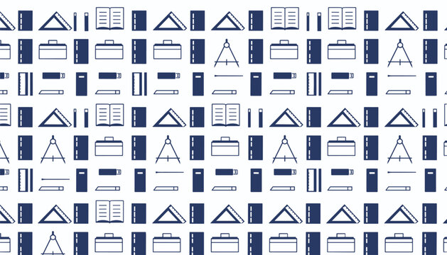 Seamless blue vector pattern of various school and education stationery supplies like books, set squares, and compasses on a white background.