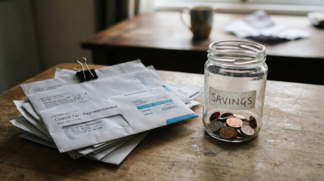 Savings Jar with Coins Beside Unpaid Bills and Financial Documents on Wooden Table