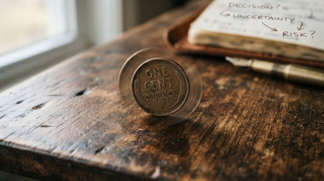 Spinning One Cent Coin Representing Financial Risk and Uncertain Business Decisions