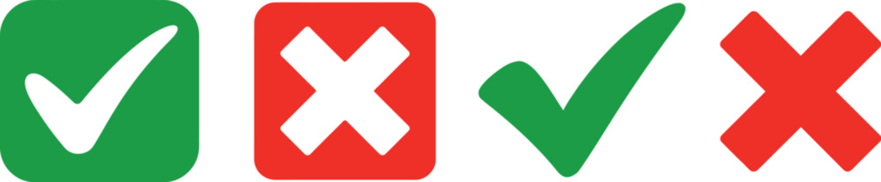 Checkmark, and red cross, right and wrong choice symbols with isolated white background, modern flat vector design, correct answer approval rejection confirmation and checkmark icon set