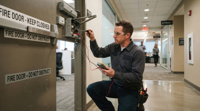 Professional Technician Testing Fire Door Electrical Access Control System in Modern Office Building