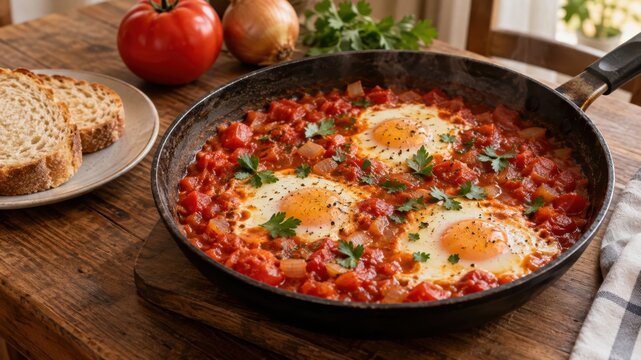 Spiegeleier garen in einer w&uuml;rzigen Tomatenpfanne mit Kr&auml;utern, dazu liegt frisches Brot bereit. Das einfache Pfannengericht verbindet preiswerte Zutaten mit Genuss.
