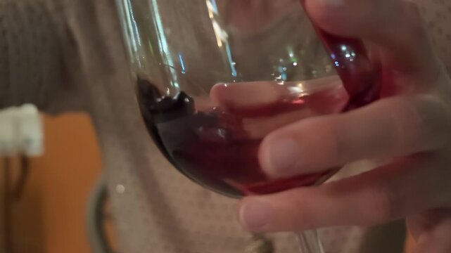 blonde woman smiling, closing her eyes, and appreciating the aroma of red wine swirling in an elegant stemless glass during a luxurious romantic dinner celebration