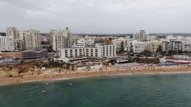 Aerial drone flying over armacao de pera portugal