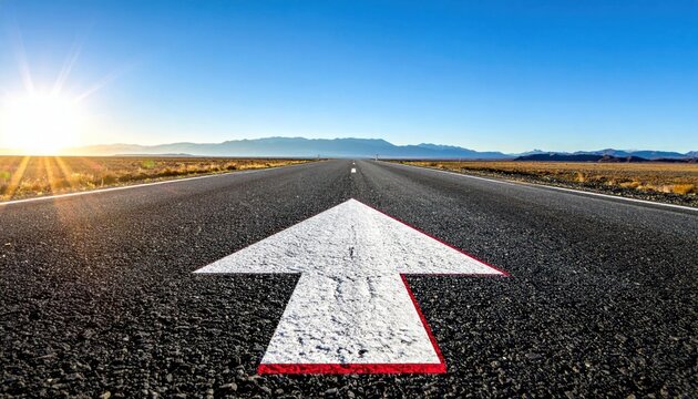 Long asphalt road with large white forward arrow.