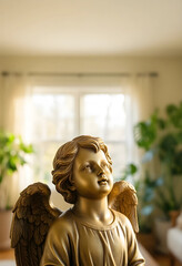 Obraz premium Spirituality and hope, golden angel statue looking upward in a peaceful home interior with soft natural window light and blurred green house plants