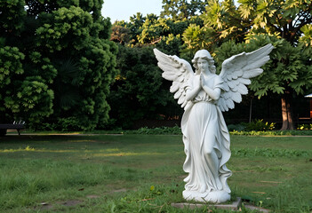 Obraz premium Spirituality and peace white angel statue with praying hands in a serene garden setting for memorial funeral and religious reflection concepts