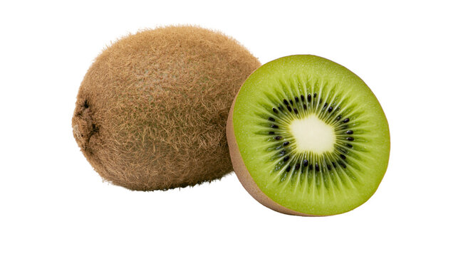 Isolated fresh whole and half kiwi fruit showing green pulp and black seeds